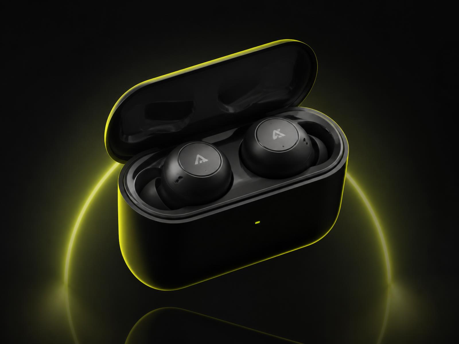 ElectroGadgets Volt X1 wireless earbuds in charging case with lime rim light