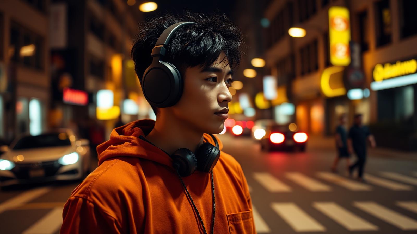 Person wearing ElectroGadgets Helix ANC headphones on a city street at night
